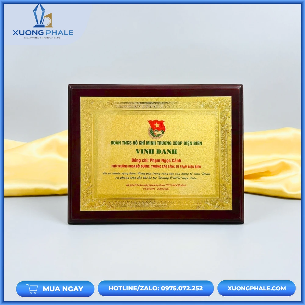 Bảng vinh danh gỗ đồng thiết kế trang trọng, in ấn sắc nét, tôn vinh cống hiến.